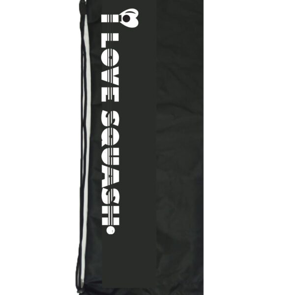 ' I love squash ' drawstring racketbag / beschermhoes - zwart / wit